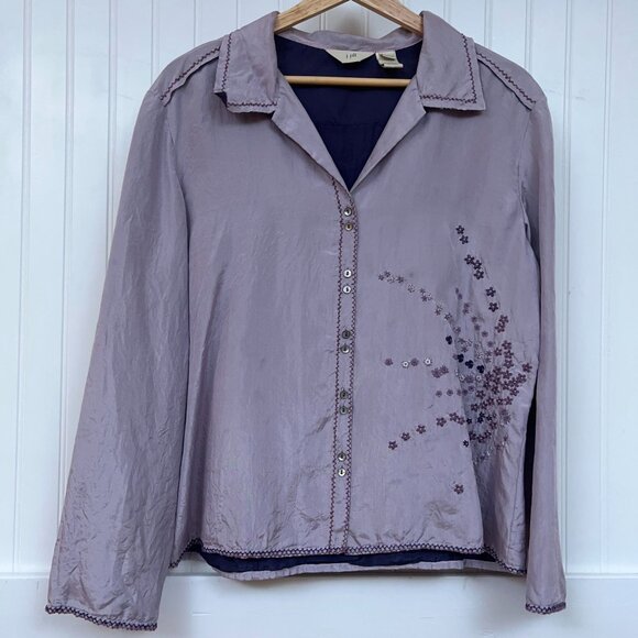 J.jill Lavender Silk Embroidered Floral Button-Down Blouse Top MP Women's Chic - Picture 2 of 9